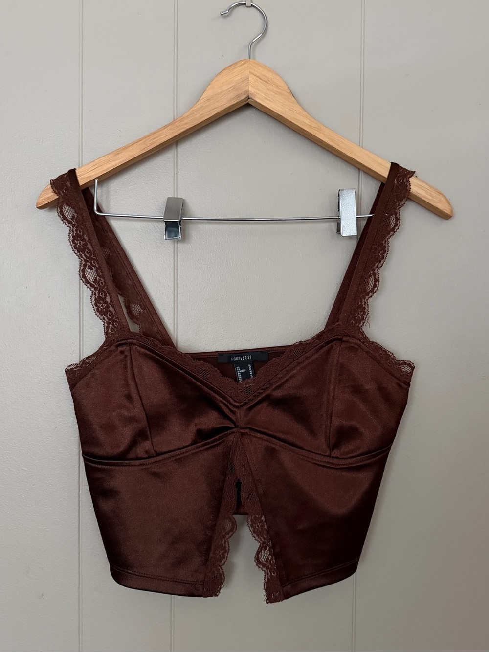 Forever 21 Brown Satin Lace-Trim Crop Top